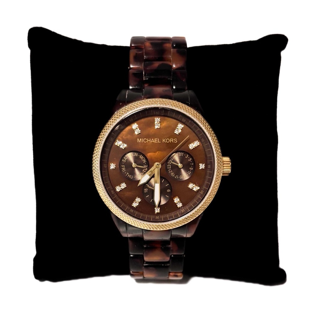 Michael Kors “Jet Set” Tortoise Shell Gold Diamond Chronograph Watch MK5038